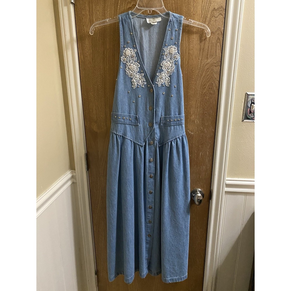 Denim Maxi Dress with Lace Accents